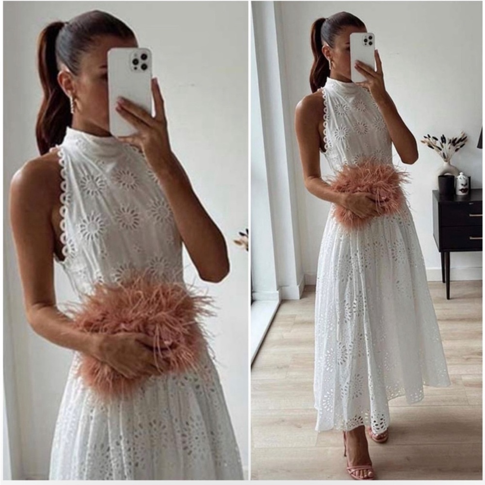 ZARA✨ High Neck Midi Dress With Openwork Flora Embroidery & Belt